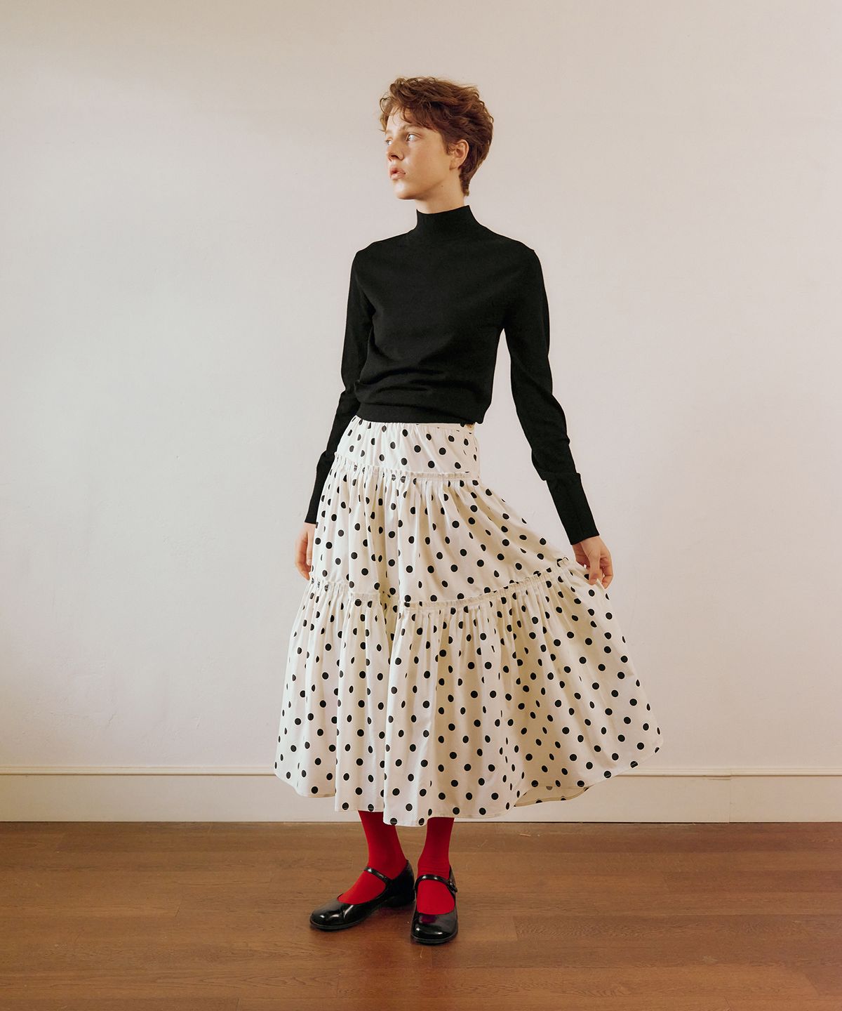 그린버터(GREENBUTTER) Polka Dot Pleats Skirt (Ivory)