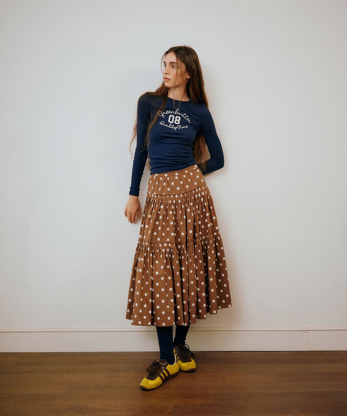 그린버터(GREENBUTTER) Polka Dot Pleats Skirt (Brown)