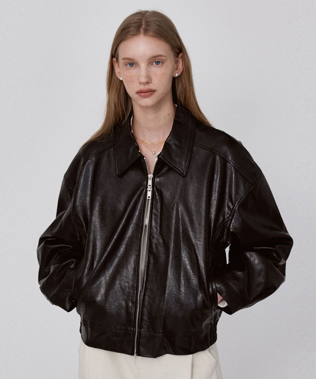 르세지엠(LESEIZEME) 2Way Leather Crop Jacket - Black