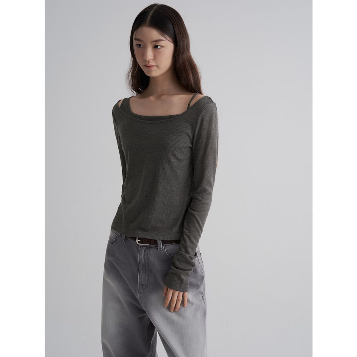 에잇세컨즈(8SECONDS) 시어 레이어드 긴소매 티셔츠  그레이