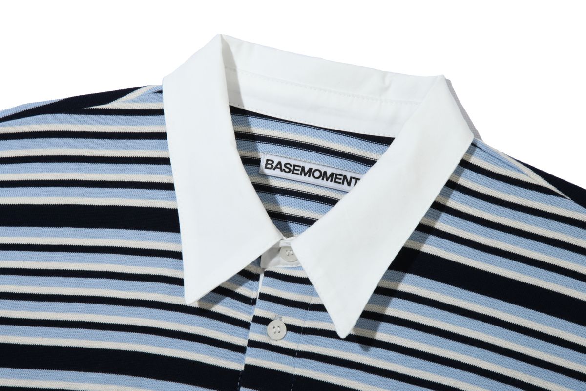 베이스모먼트(BASEMOMENT) 스트라이프 럭비 티셔츠 스카이 블루