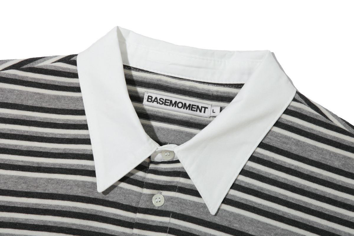 베이스모먼트(BASEMOMENT) 스트라이프 럭비 티셔츠 멜란지 그레이