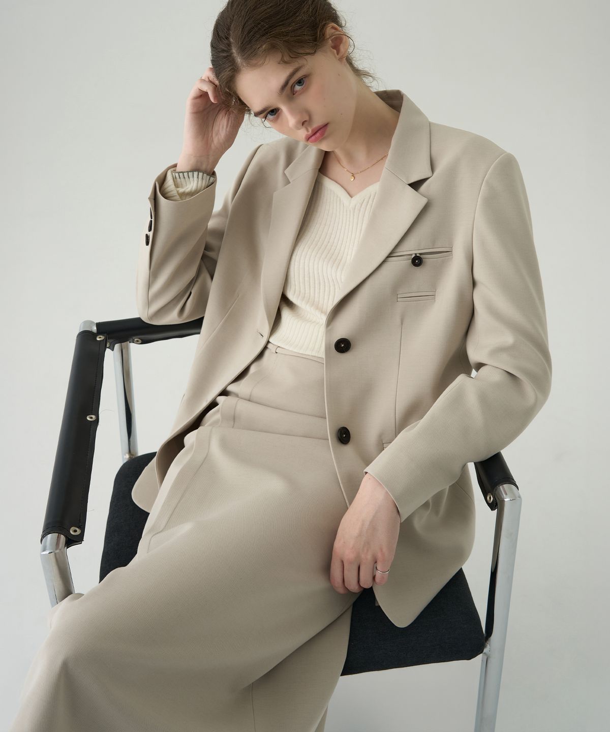 드로우핏 우먼(DRAWFIT WOMEN) 울 코튼 더블 웰트 싱글 블레이저 [BEIGE]