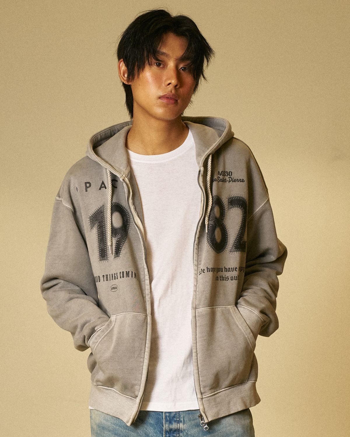 아모우(AMOU) 1982 Vintage Uniform hoodie zip up gray