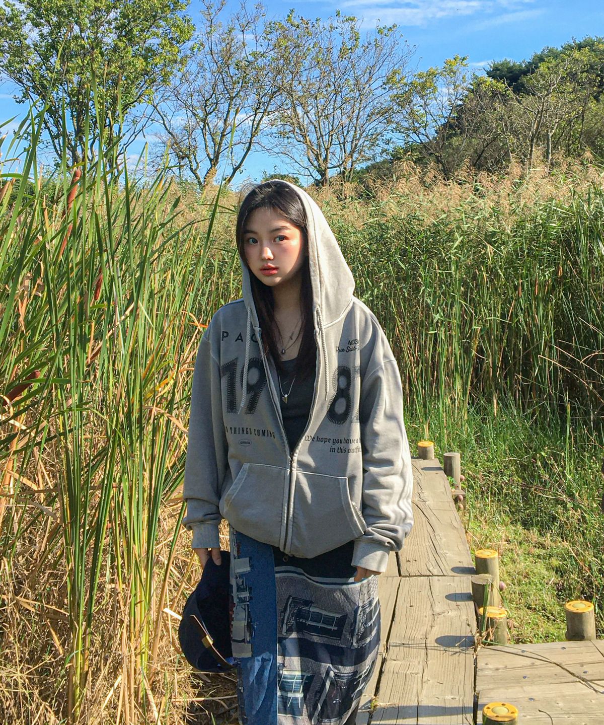 아모우(AMOU) 1982 Vintage Uniform hoodie zip up gray