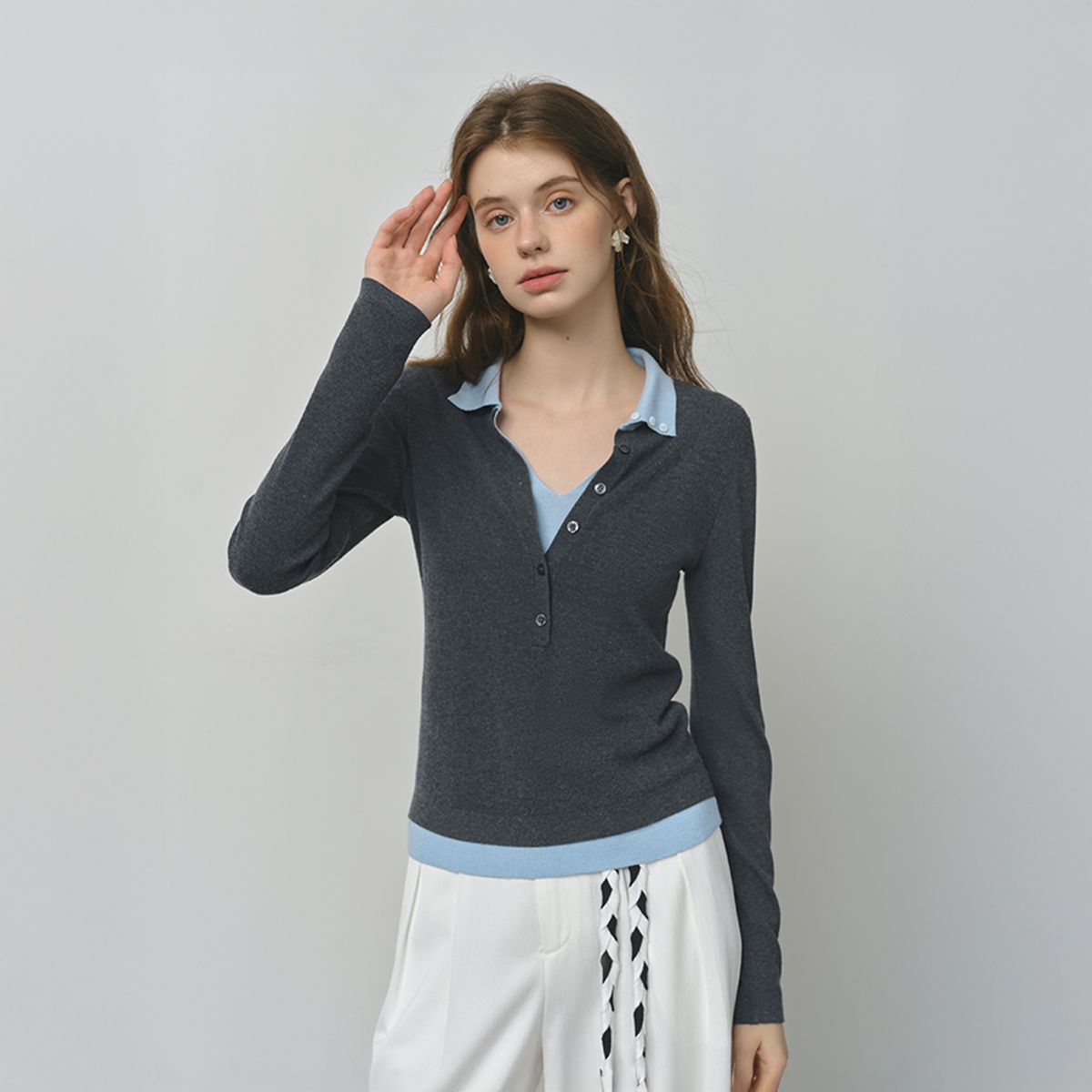 웬스데이딜라잇(WEDNESDAY DELIGHT) WD_Button fake two-piece knit top_2color