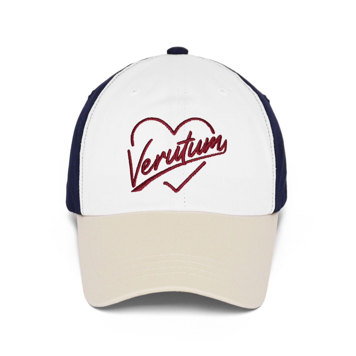 베루툼(VERUTUM) 하트 로고 컬러 블럭 바이오워싱 볼캡 크림 레드