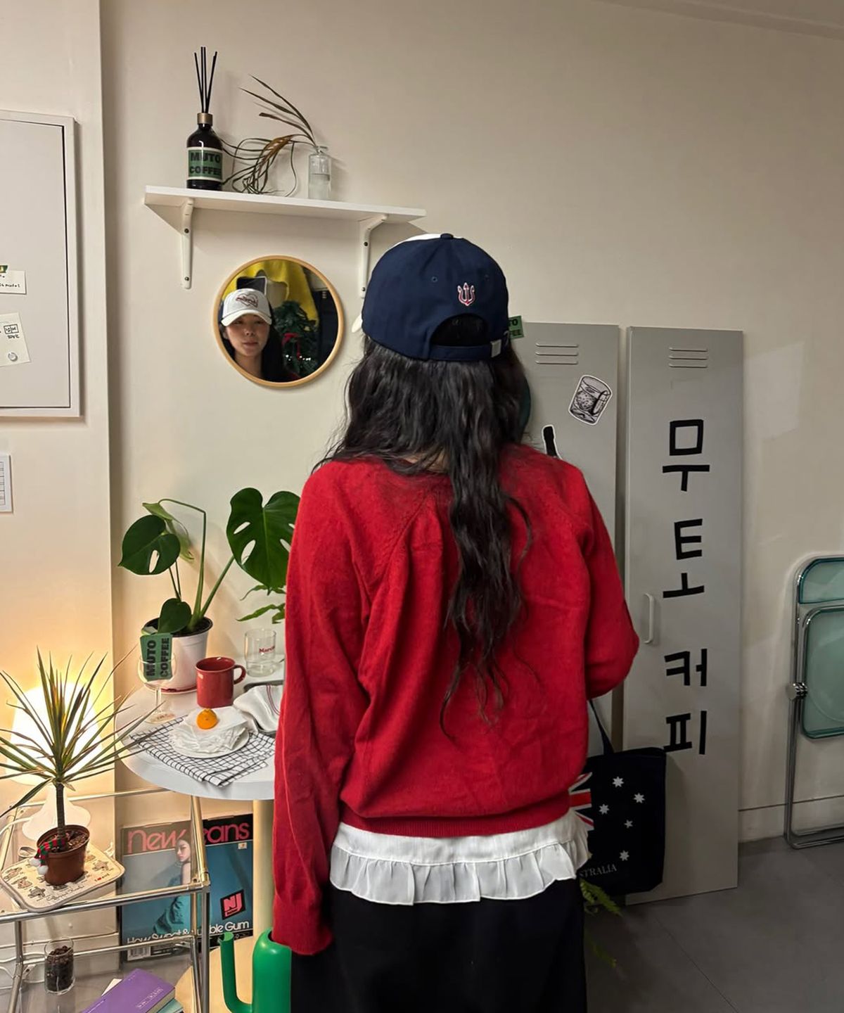 베루툼(VERUTUM) 하트 로고 컬러 블럭 바이오워싱 볼캡 크림 레드