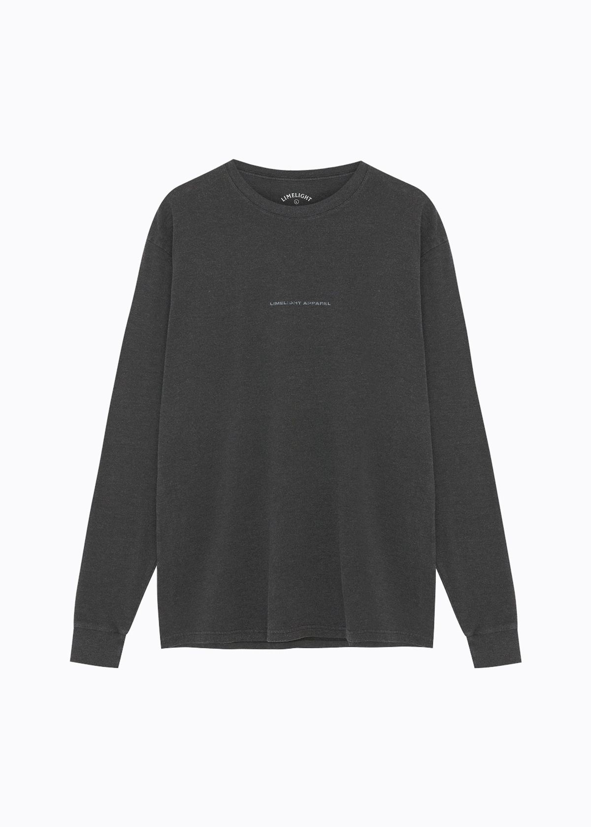 라임라잇 어패럴(LIMELIGHT APPAREL) 어패럴 피그먼트 백 로고 롱 슬리브 티셔츠 (블랙/그레이)