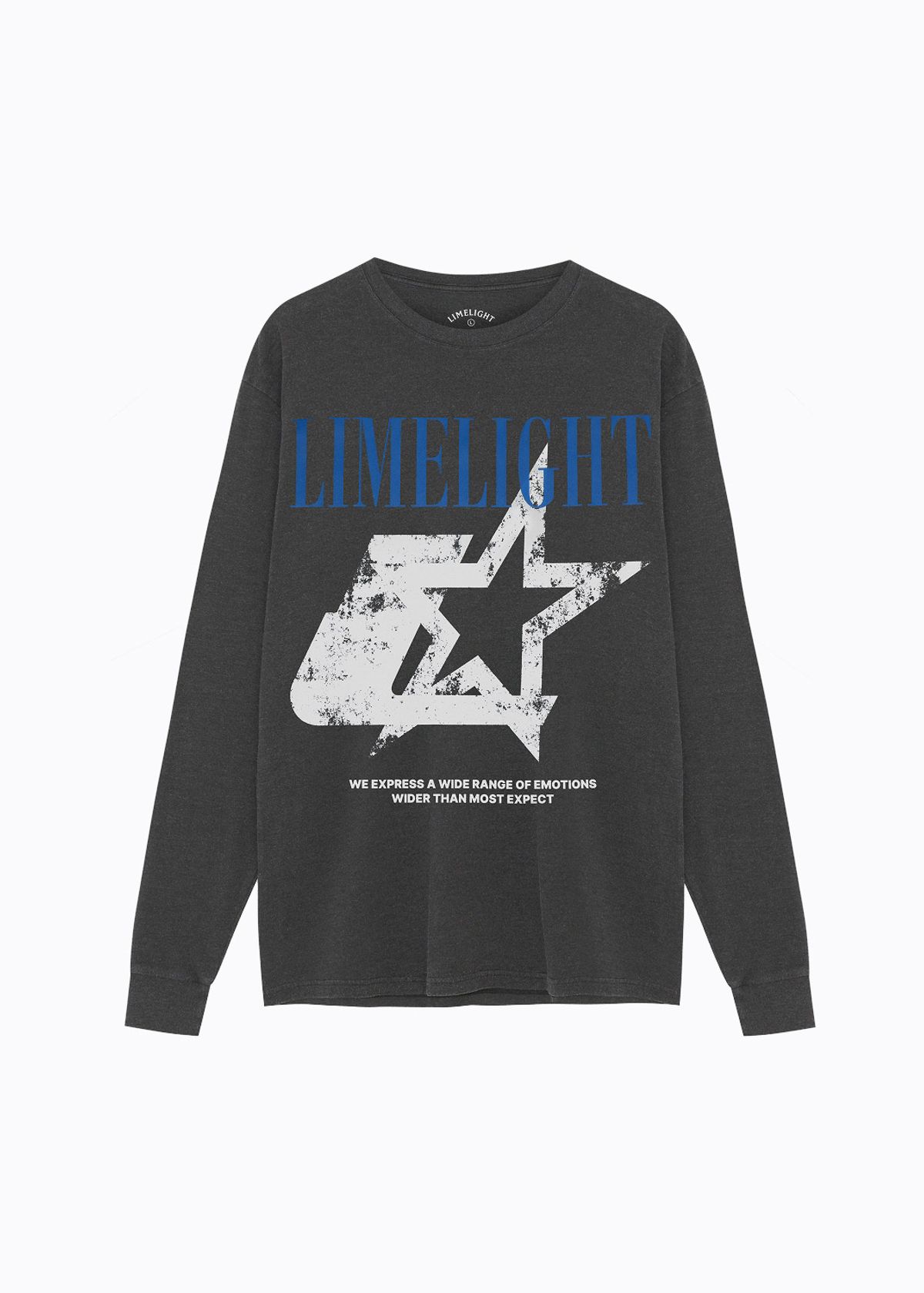 라임라잇 어패럴(LIMELIGHT APPAREL) 어패럴 피그먼트 스타 로고 롱 슬리브 티셔츠 (블랙/블루)