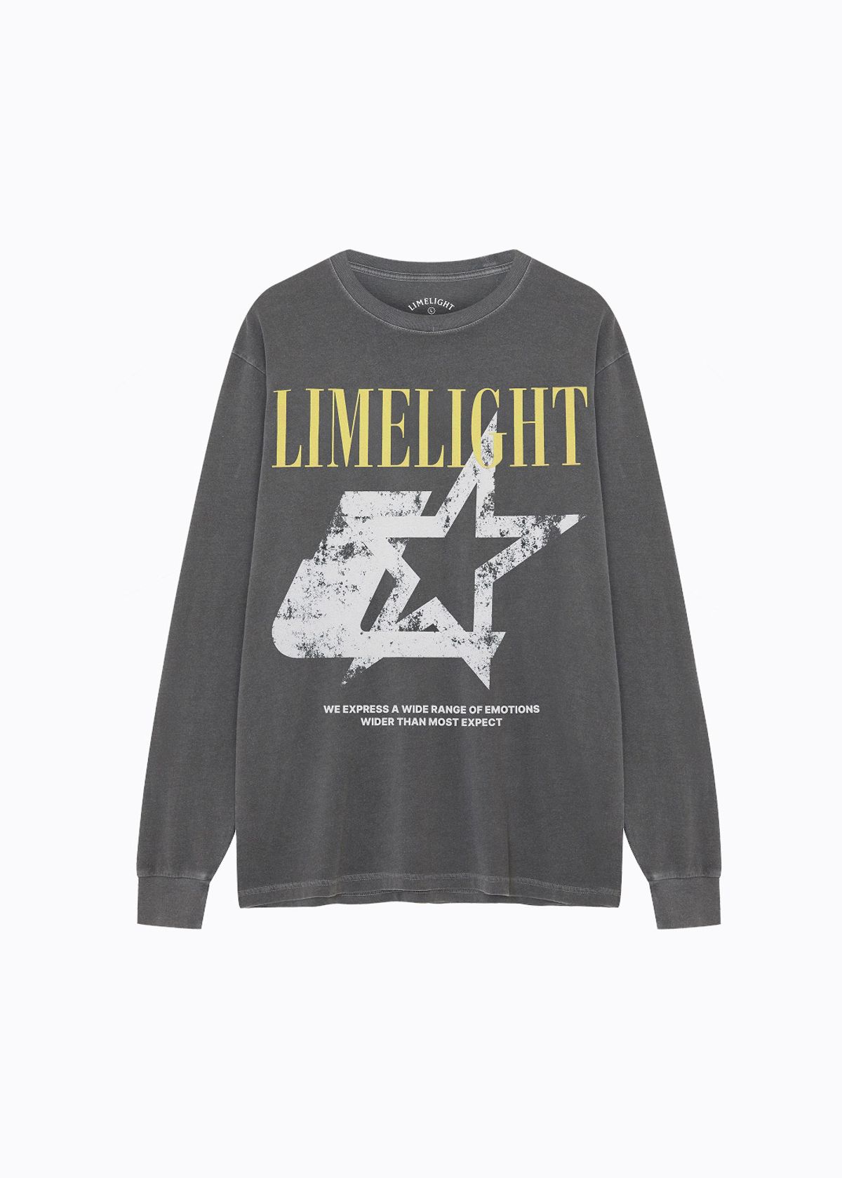 라임라잇 어패럴(LIMELIGHT APPAREL) 어패럴 피그먼트 스타 로고 롱 슬리브 티셔츠 (차콜/라임라잇)