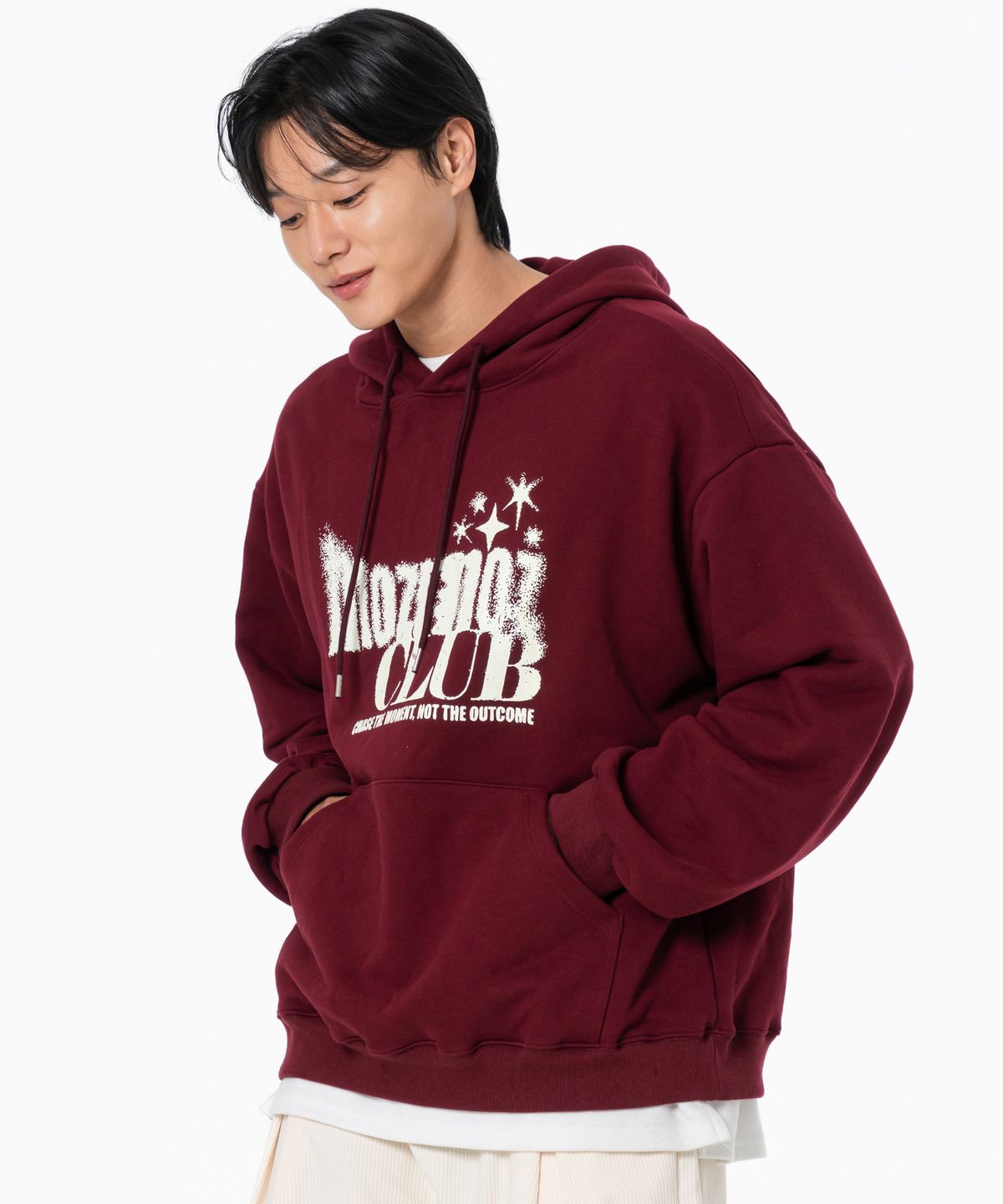 모즈모즈(MOZMOZ) [SET] 페이딩 오버핏 후드 + 코듀로이 원턱 와이드 팬츠 버건디