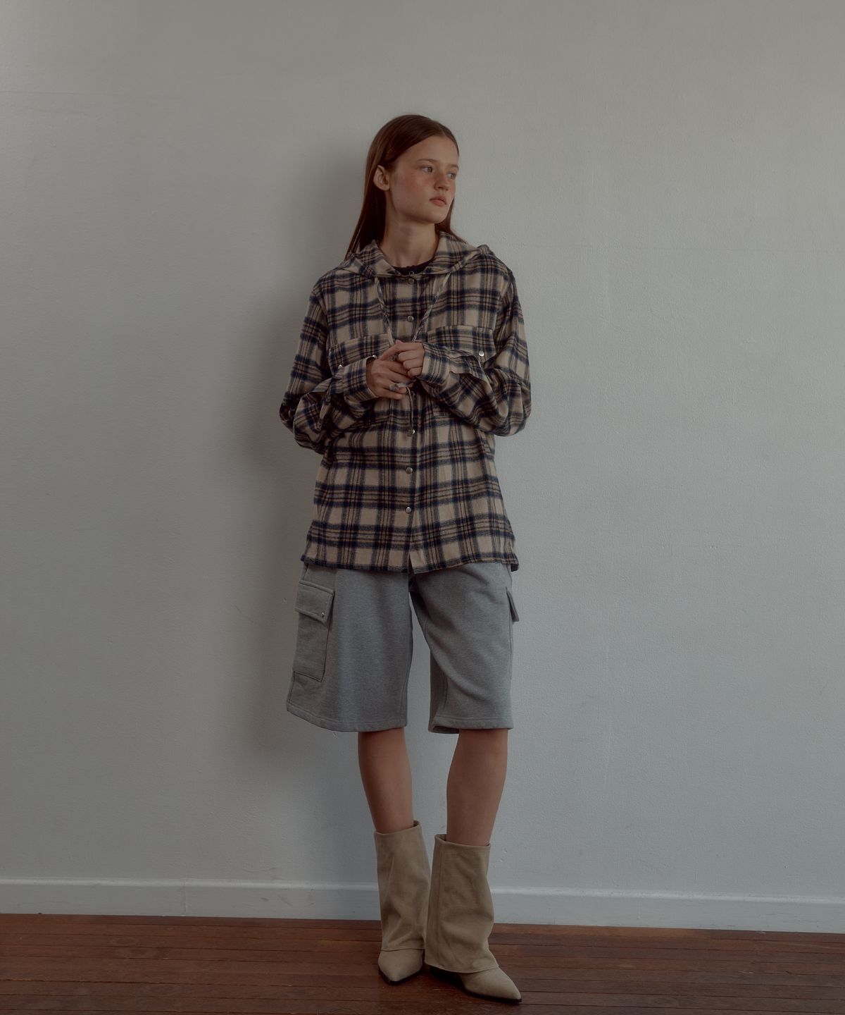 레터리(LETERIE) CHECK HOOD SHIRT_BEIGE