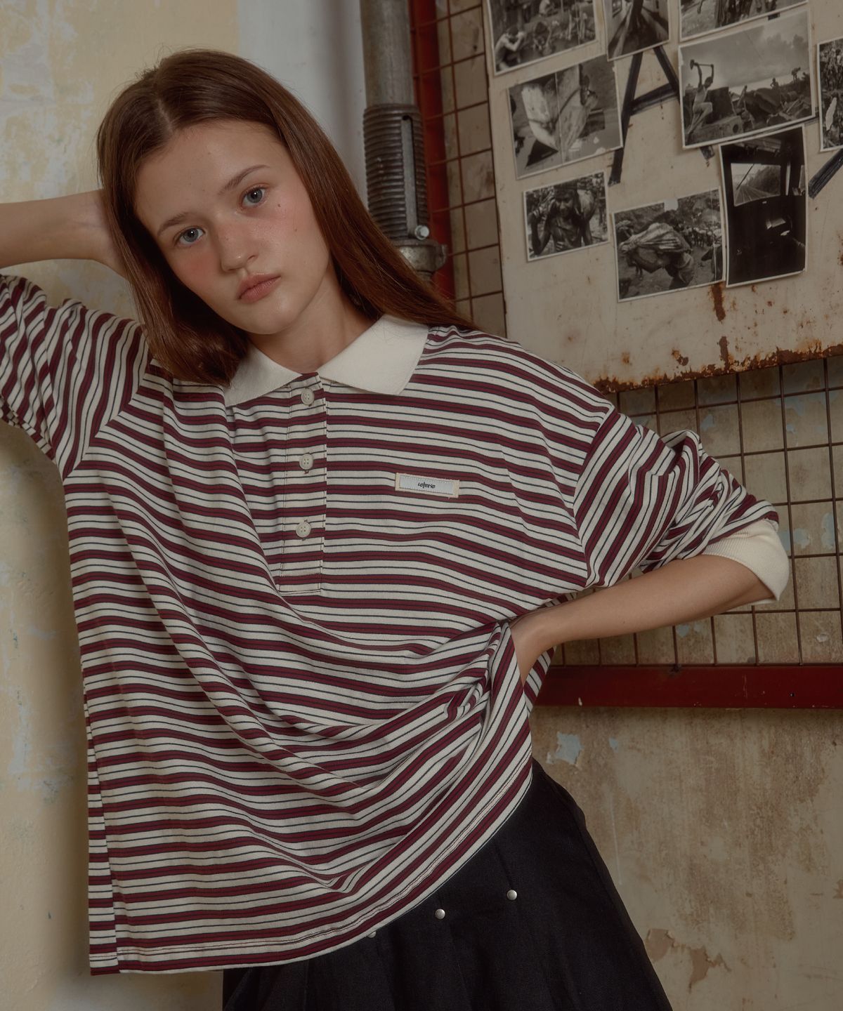 레터리(LETERIE) COLLAR STRIPE LONG SLEEVE_RED