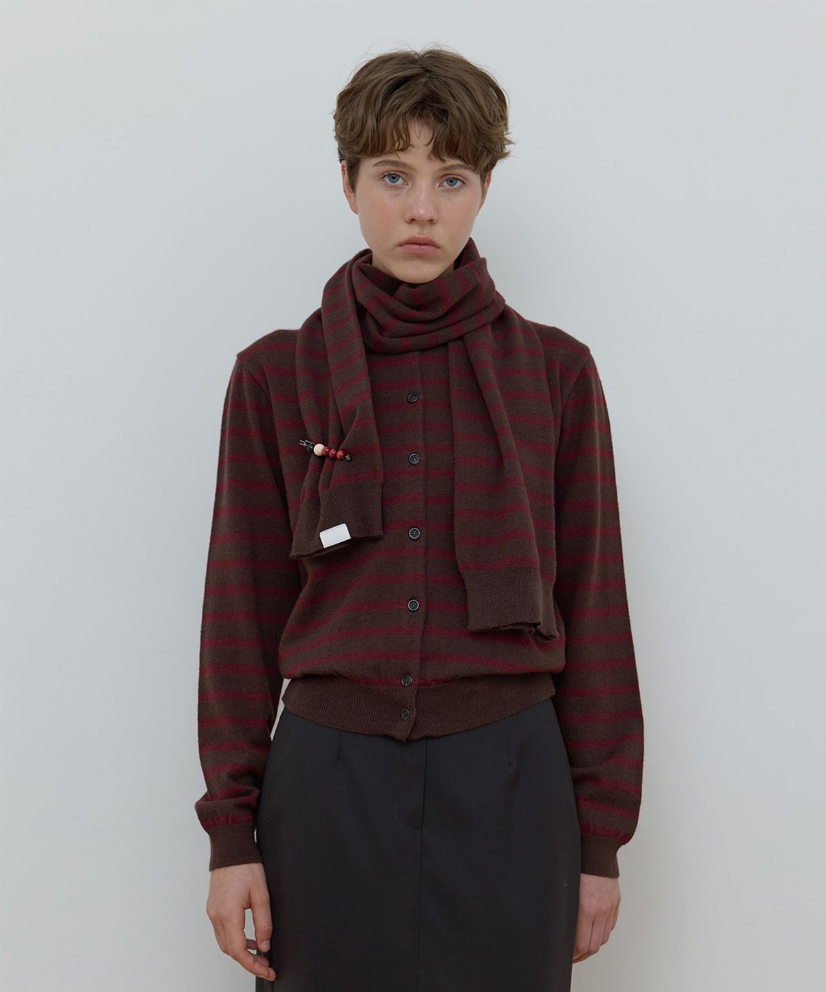 마조네(MA JOURNEE) MUFFLER SET STRIPE CARDIGAN_BROWN/WINE