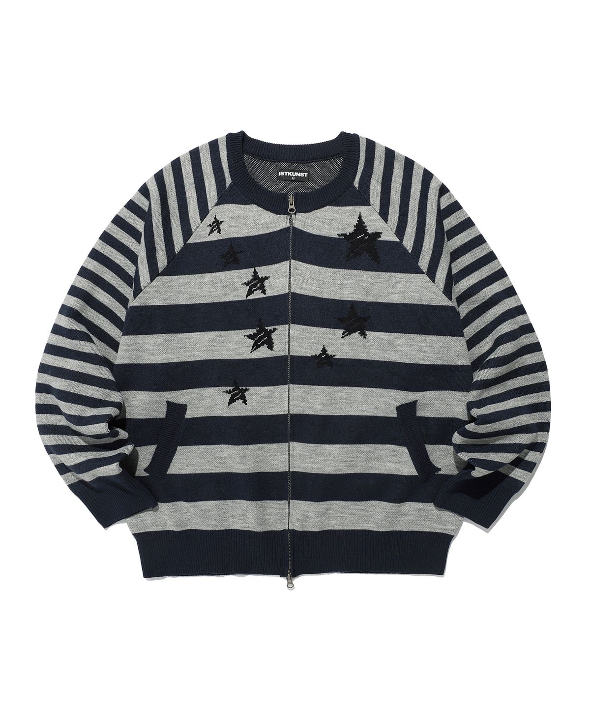 이스트쿤스트(ISTKUNST) STAR STRIPE RAGLAN KNIT ZIP UP_NAVY(IK2FFMK685A)