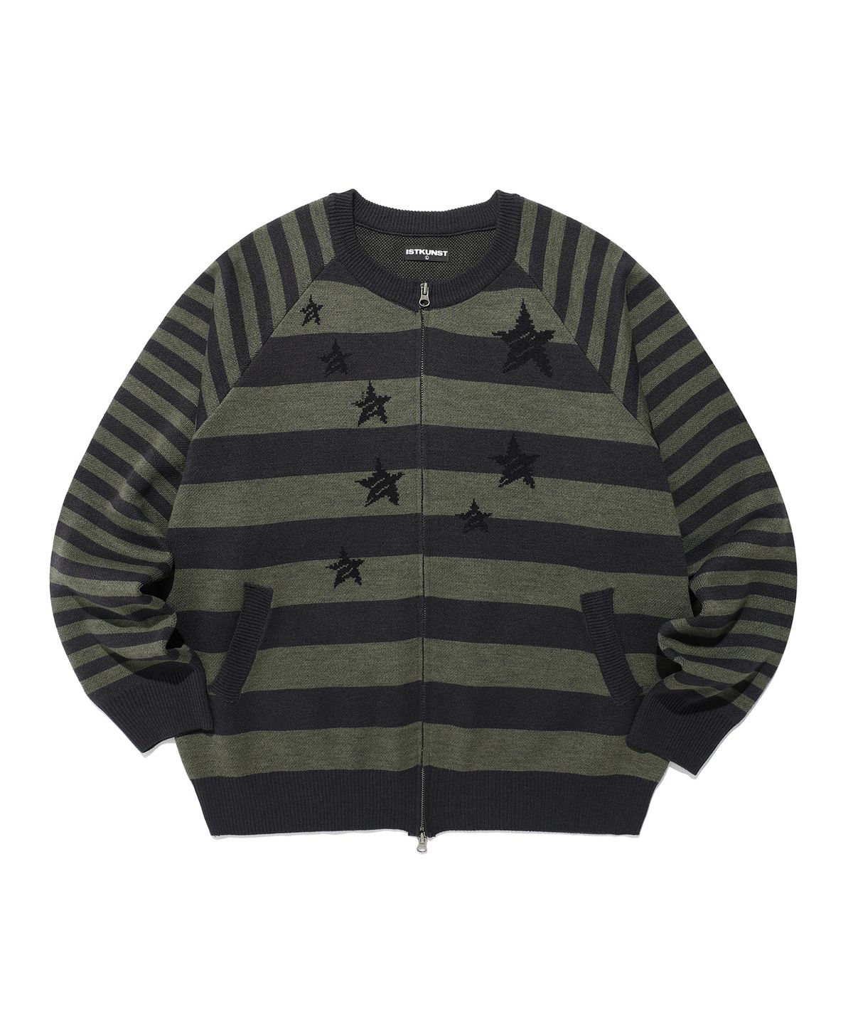 이스트쿤스트(ISTKUNST) STAR STRIPE RAGLAN KNIT ZIP UP_CHARCOAL(IK2FFMK685A)