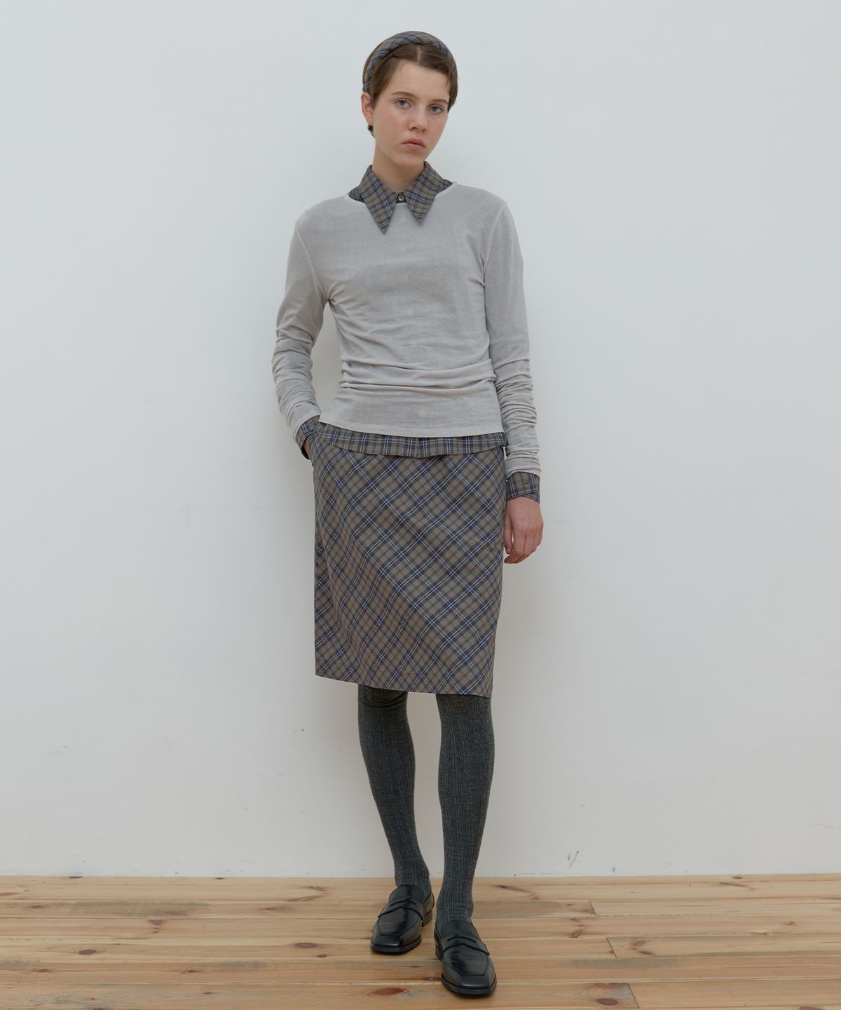 마조네(MA JOURNEE) CHECK PIN-TUCK SHIRT_KHAKI GREY