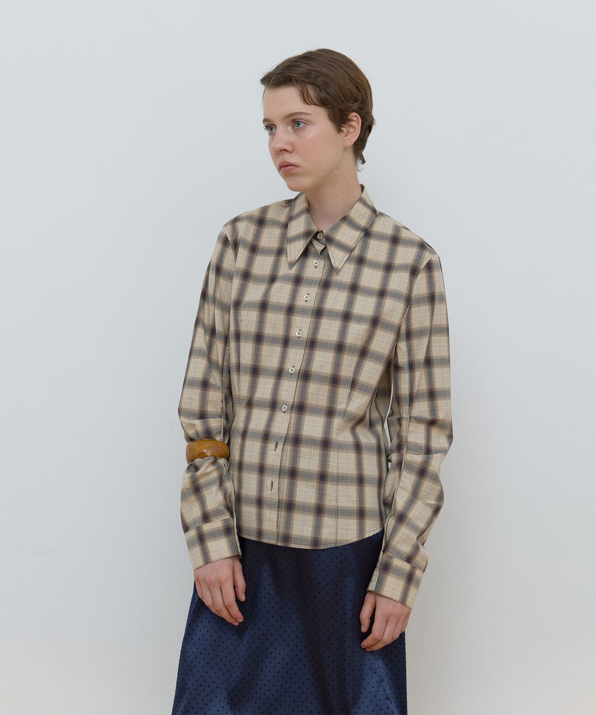 마조네(MA JOURNEE) CHECK PIN-TUCK SHIRT_BEIGE