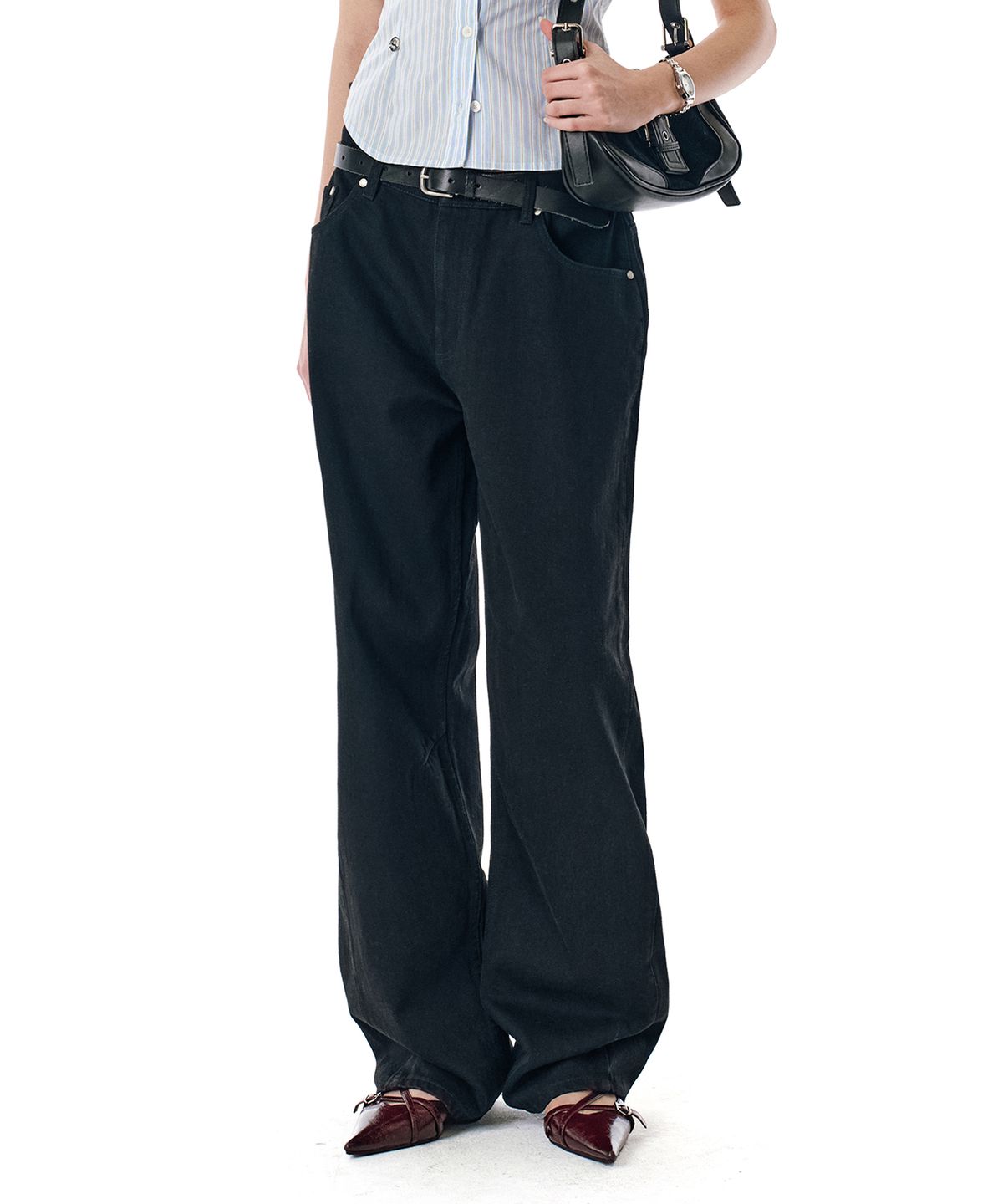 세컨모놀로그(SECONDMONO) [옷미새 미홀 콜라보]Curved Tapered Barrel-Fit Denim Pants [BLACK]_SEPT072BLACK