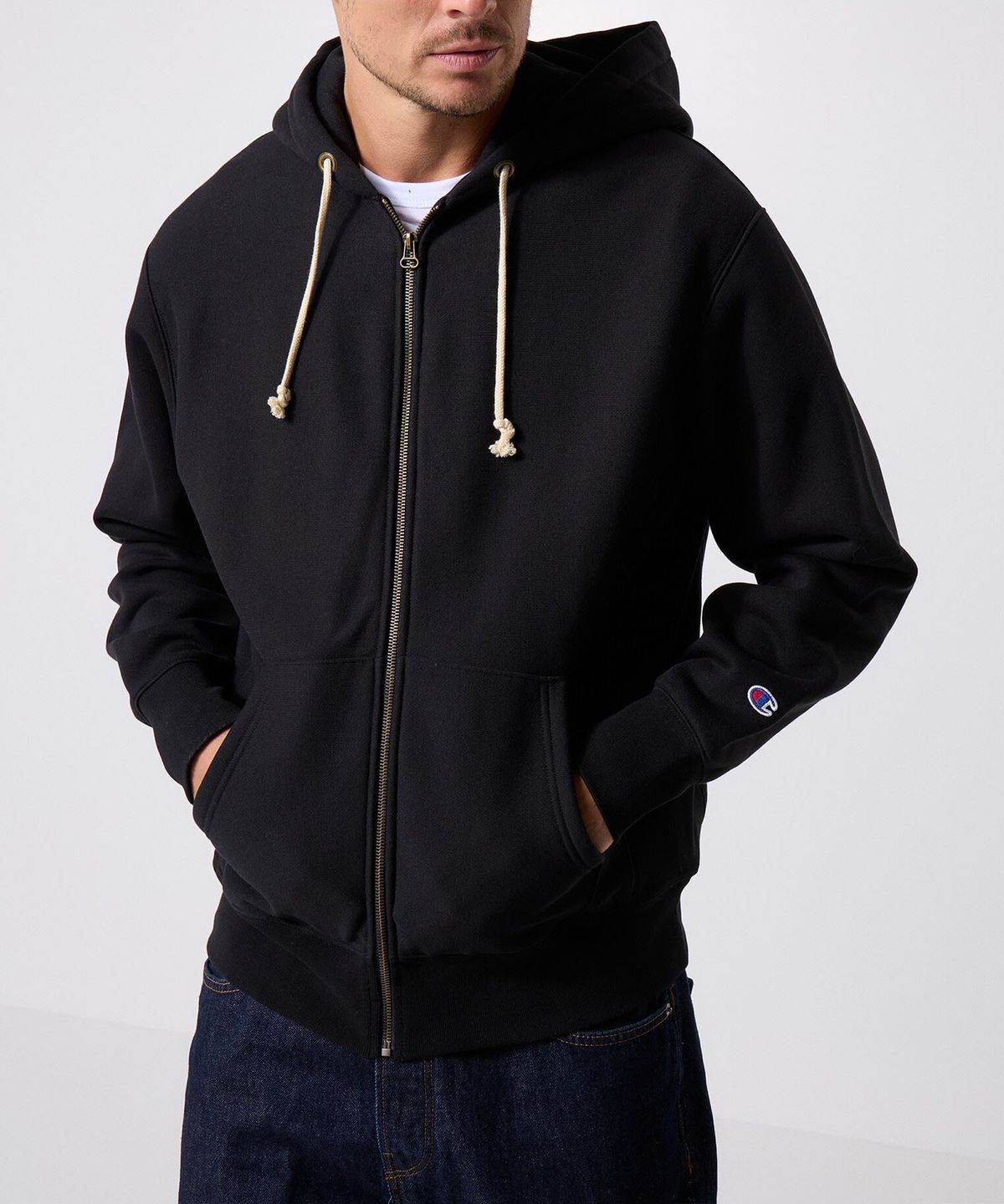 챔피온(CHAMPION) 리버스위브 루즈핏 기모 후드 집업 Black