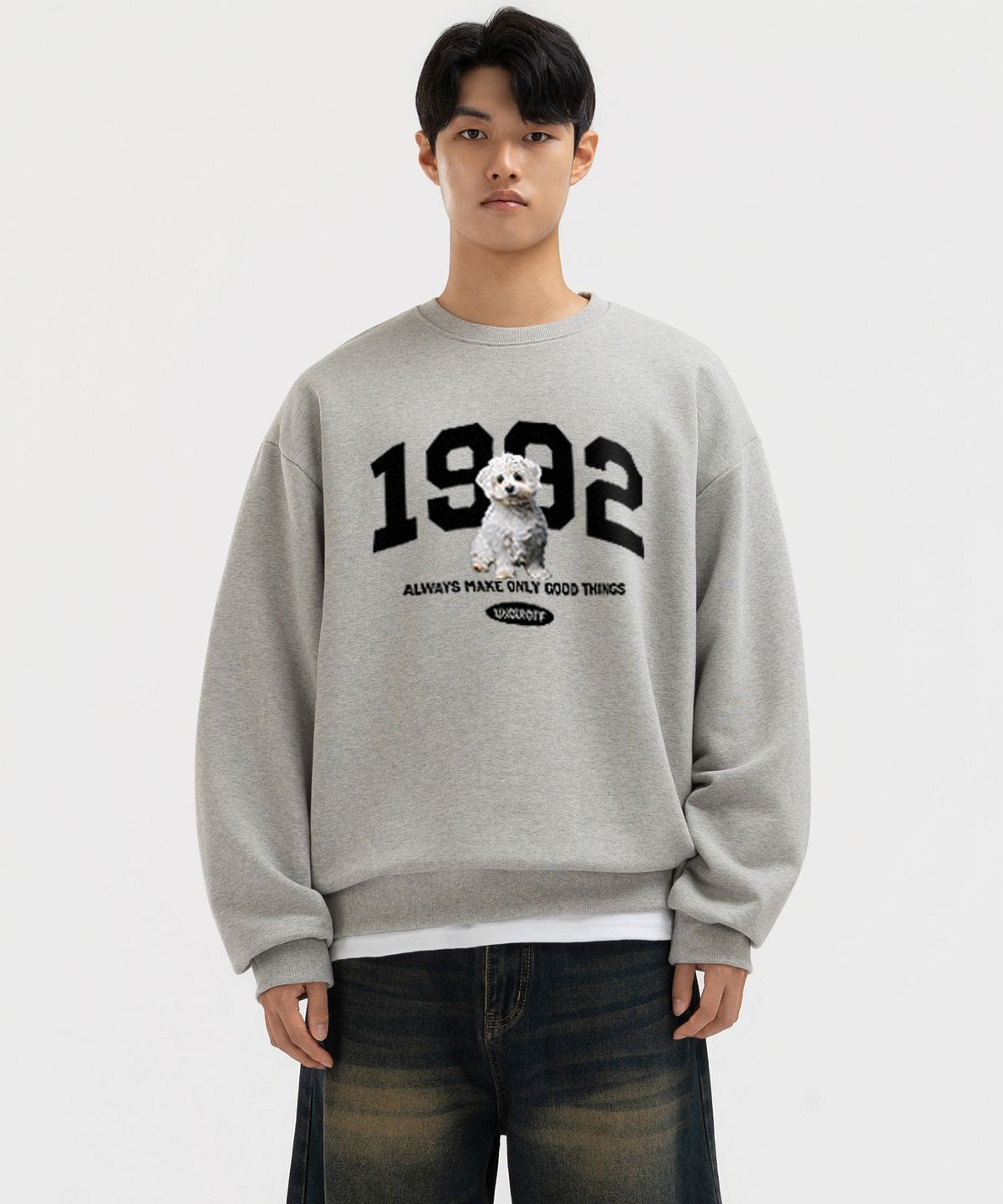 언더오프(UNDEROFF) 어센틱 릴렉스드 1992퍼피 맨투맨 스웨트 그레이