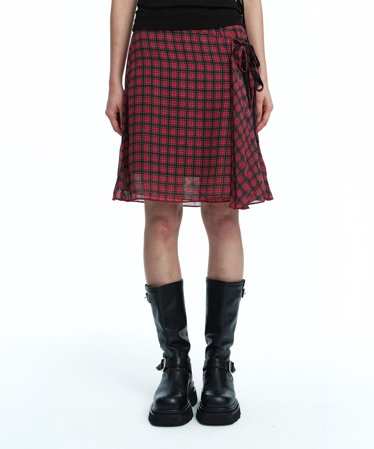 러프넥(ROUGHNECK) 언발란스 타이 스커트 레드