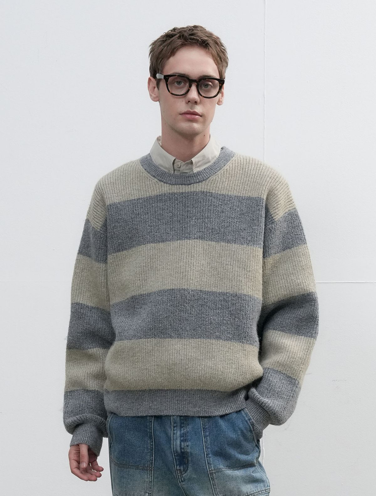 제너럴아이디어(GENERALIDEA) UNISEX 하찌 빅보더 니트 풀오버 [LIGHT KHAKI] / SBE3U05005