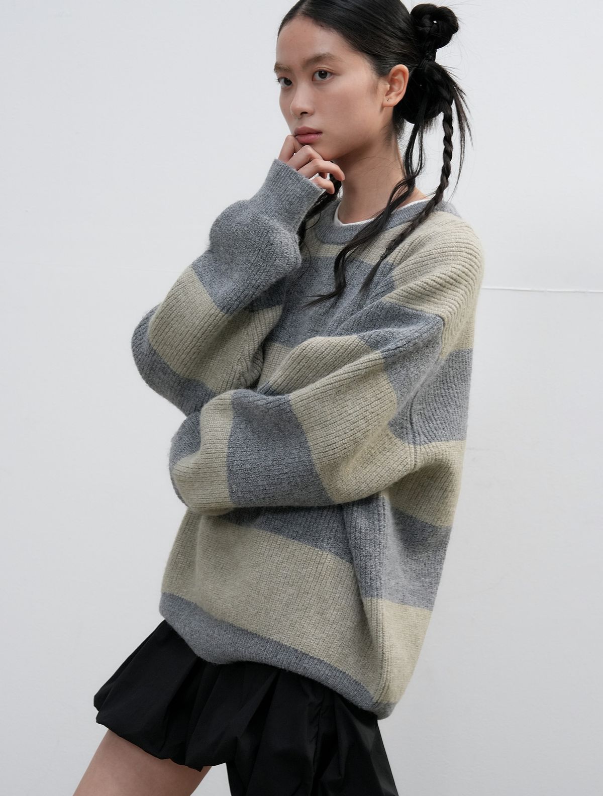 제너럴아이디어(GENERALIDEA) UNISEX 하찌 빅보더 니트 풀오버 [LIGHT KHAKI] / SBE3U05005