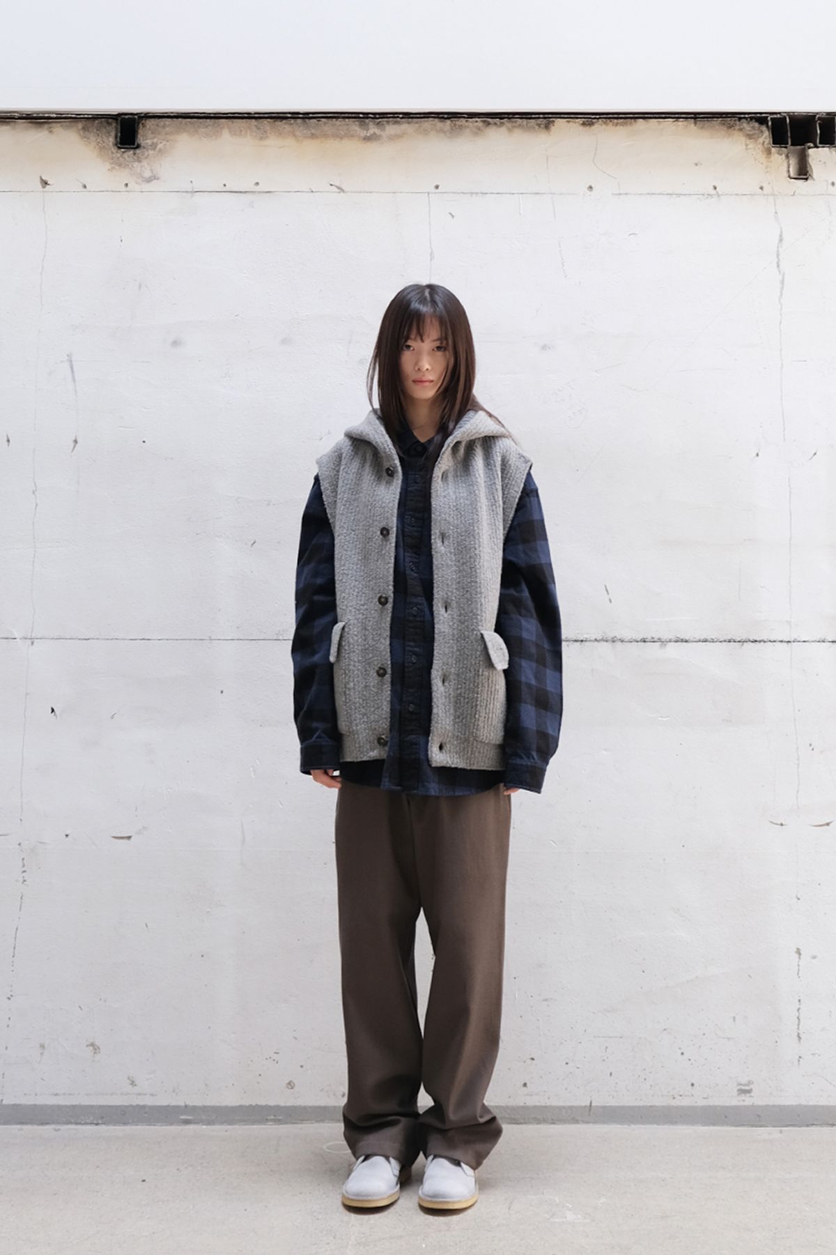 홀리선(HORLISUN) Acorn Boucle Hood Knit Cardigan Vest Multi Gray