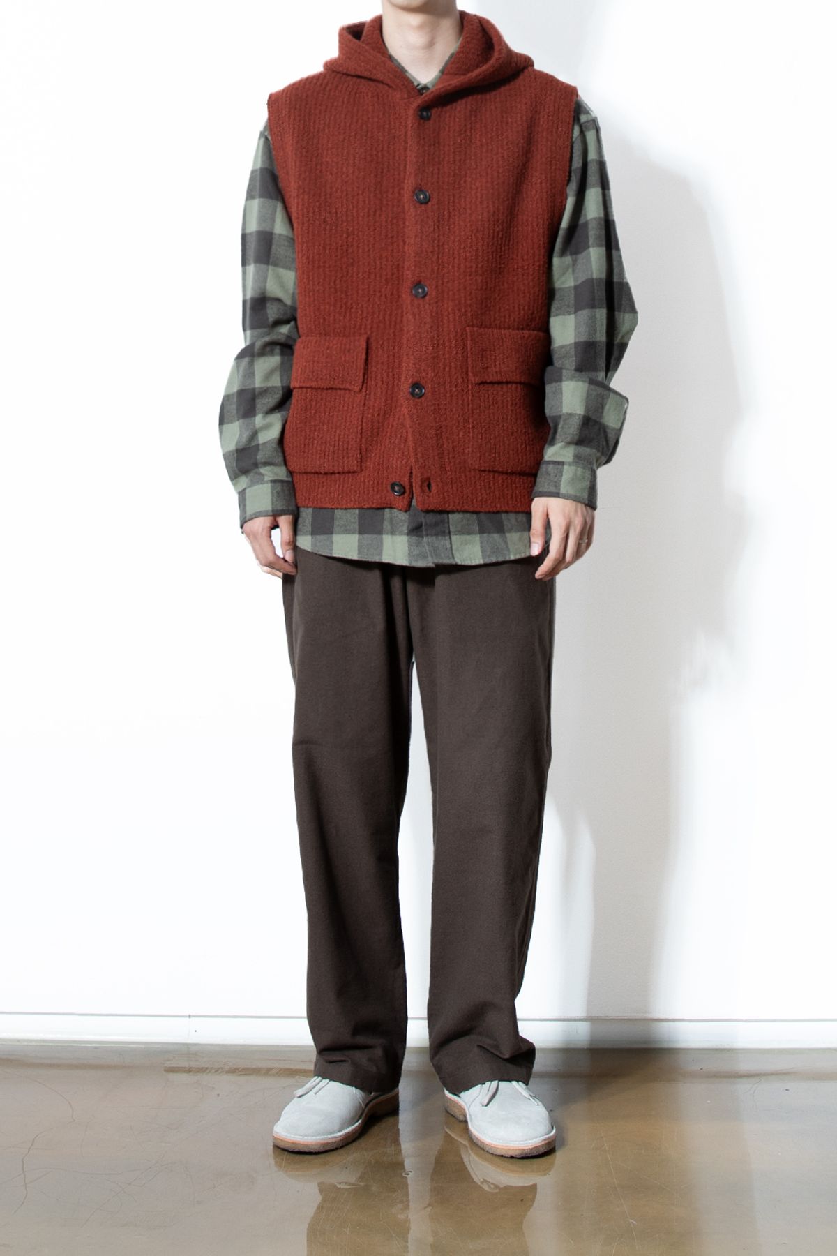 홀리선(HORLISUN) Acorn Boucle Hood Knit Cardigan Vest Melange Brick