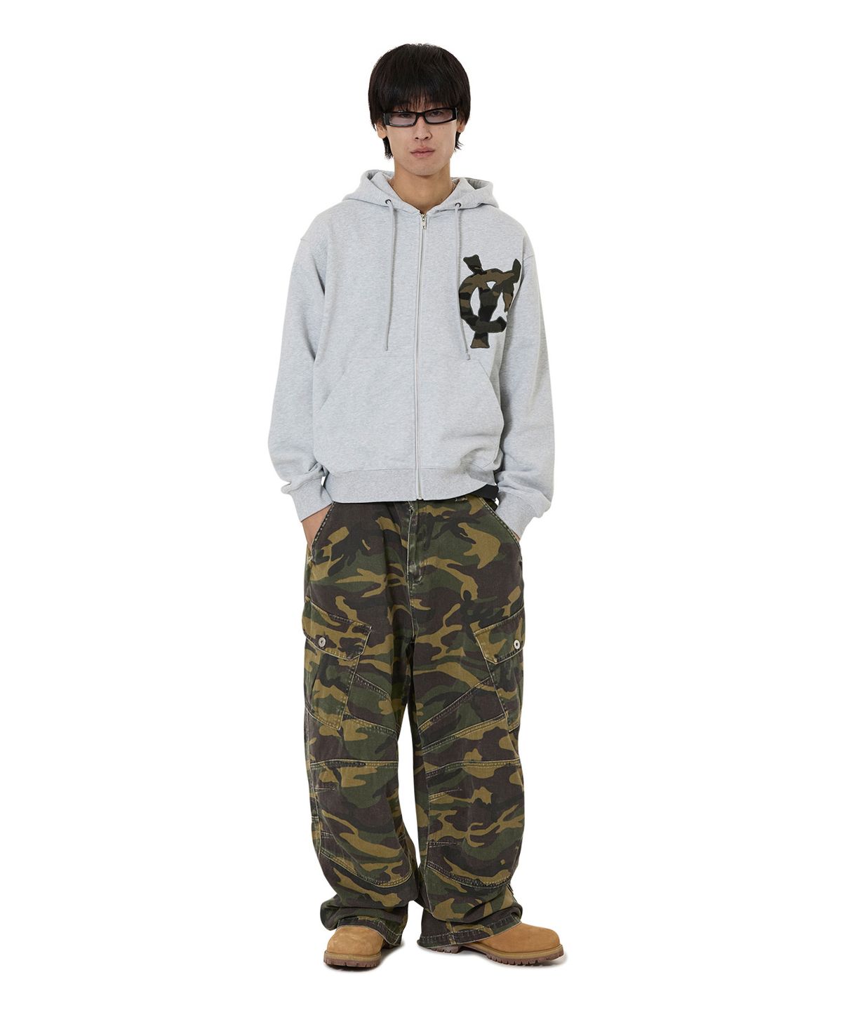 오픈야드(오와이)(OPENYARD(OY)) LOGO PATCH HOODIE ZIP UP - MID MELANGE