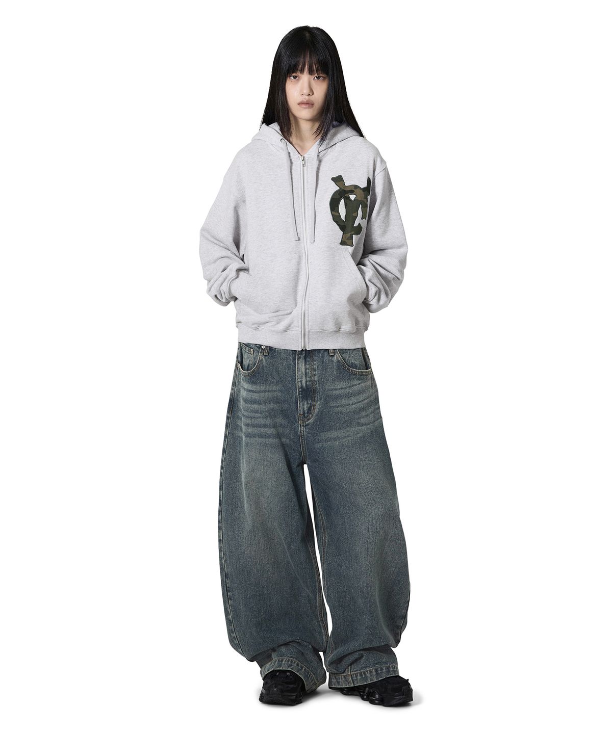 오픈야드(오와이)(OPENYARD(OY)) LOGO PATCH HOODIE ZIP UP - MID MELANGE