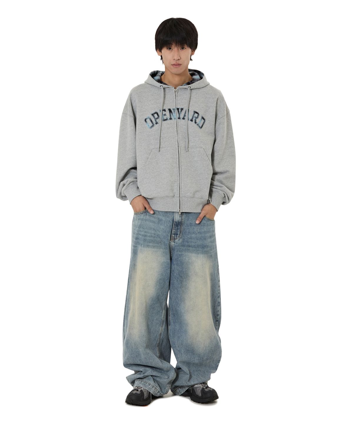 오픈야드(오와이)(OPENYARD(OY)) FLANNEL CHECK LOGO HOODIE ZIP UP - MID GREY