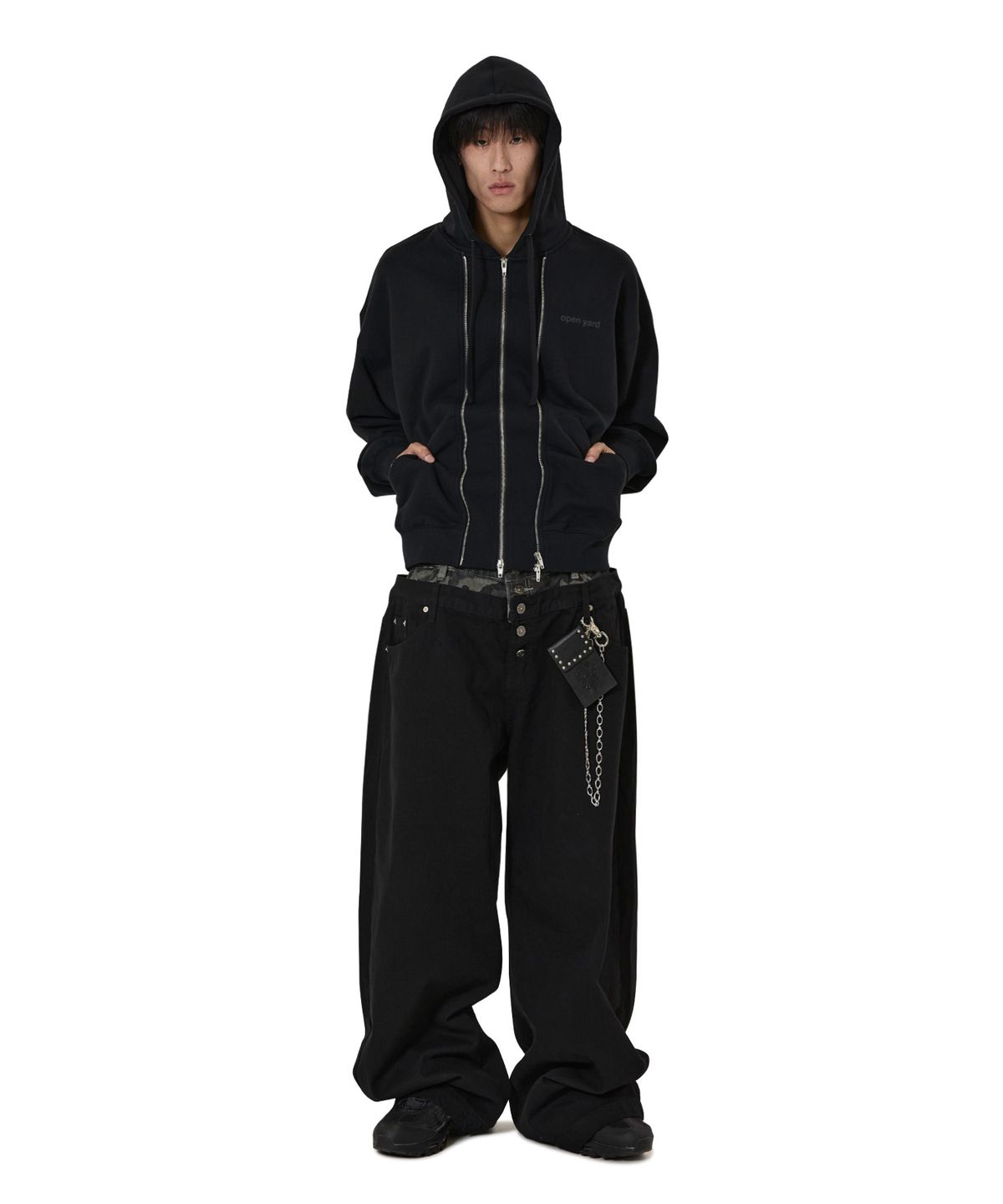 오픈야드(오와이)(OPENYARD(OY)) LAYERED STUD HOODIE ZIP UP - BLACK