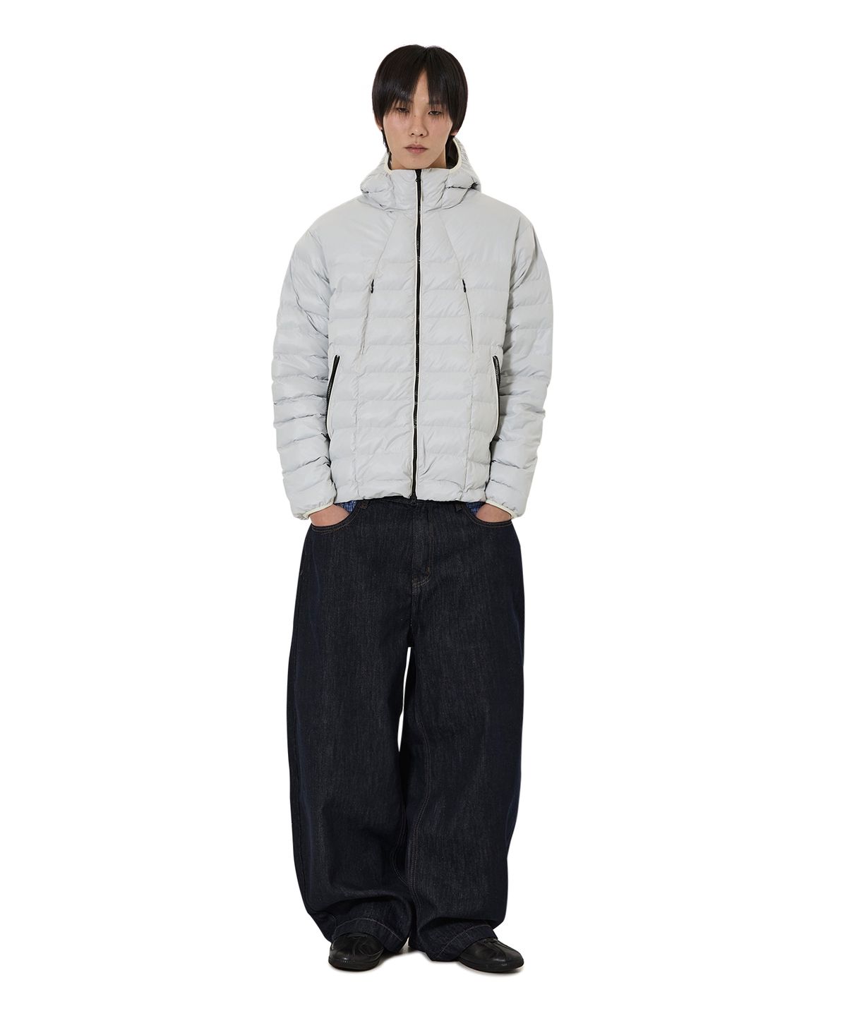 오픈야드(오와이)(OPENYARD(OY)) CURVED ZIPPER LIGHTWEIGHT PUFFER JACKET - GLOSSY LIGHT GREY
