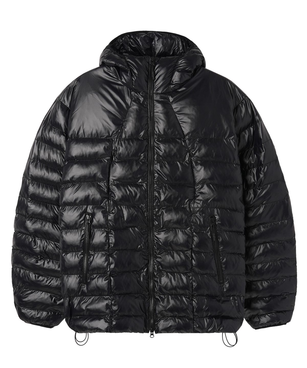 오픈야드(오와이)(OPENYARD(OY)) CURVED ZIPPER LIGHTWEIGHT PUFFER JACKET - GLOSSY BLACK