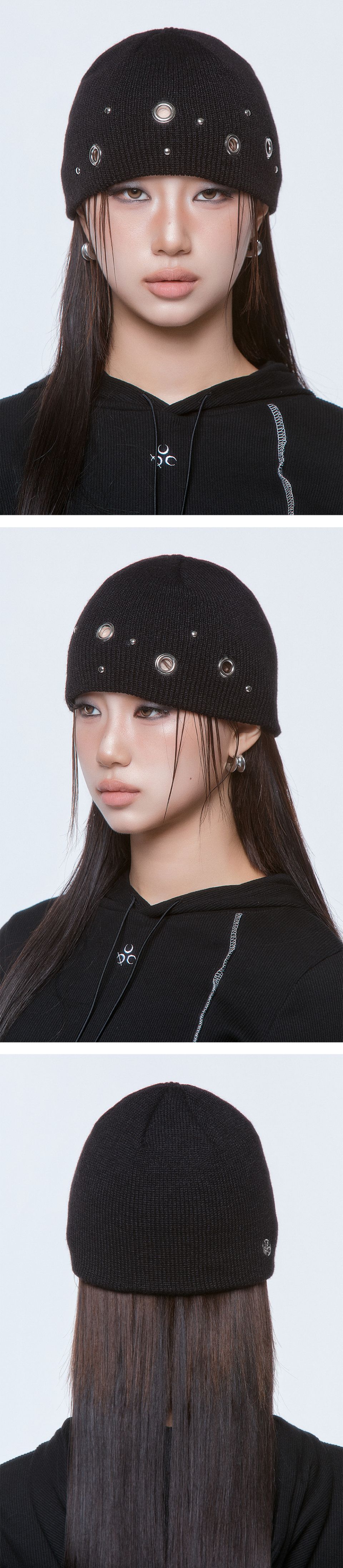 MUSINSA公式 | DAUSPICE (DUC) Eyelet Stud Beanie Black