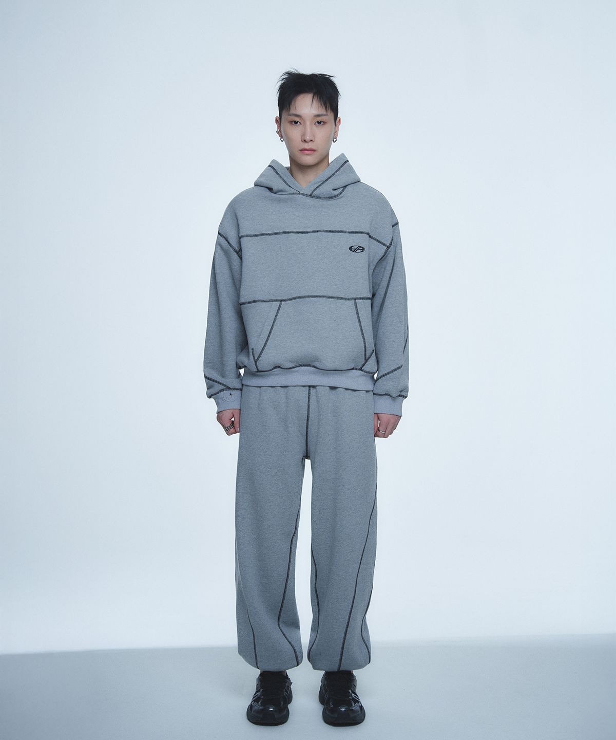 현피트(HYUNFIT) COVERSTITCH LINE HOODIE-[GRAY]