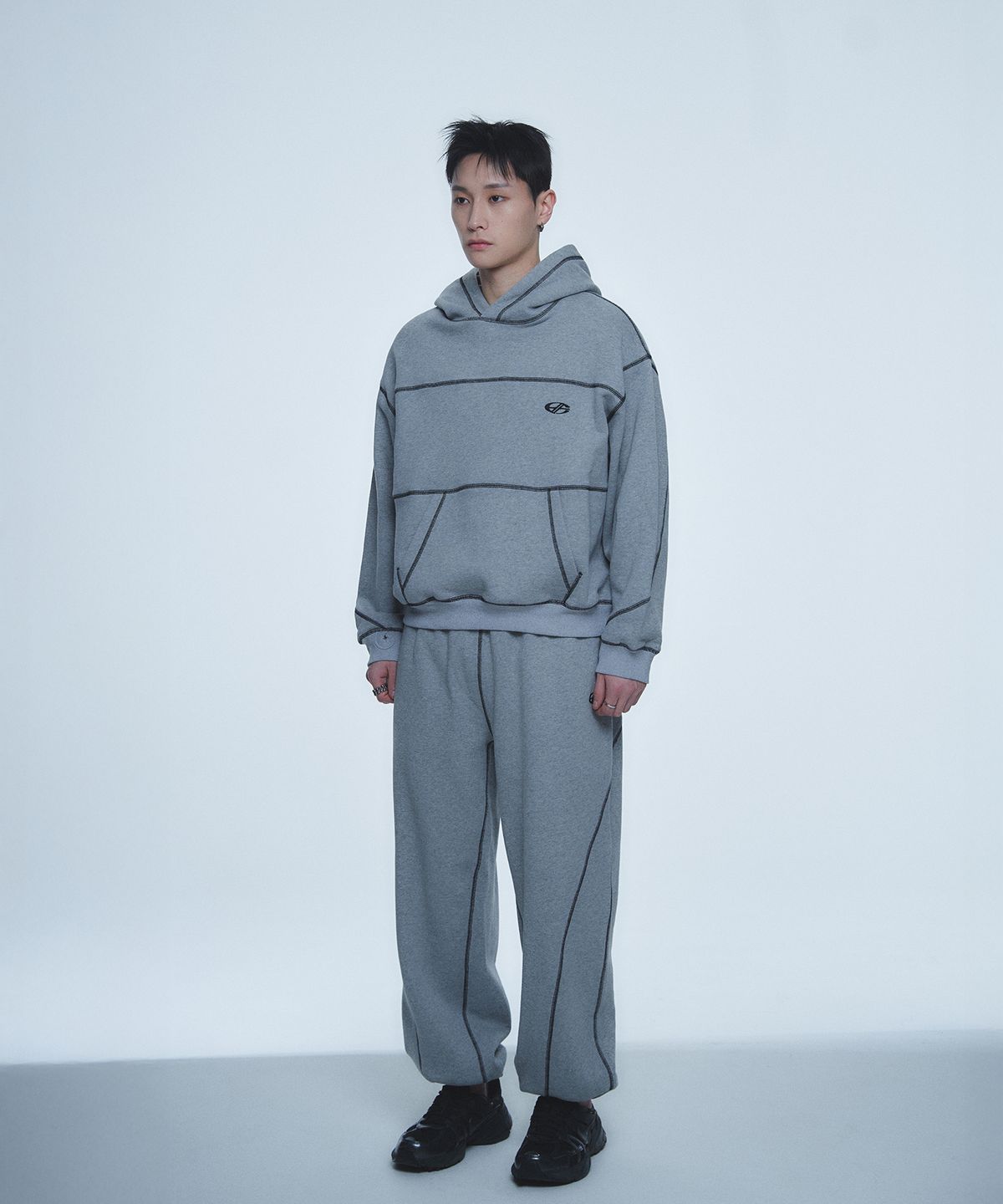현피트(HYUNFIT) COVERSTITCH LINE HOODIE-[GRAY]