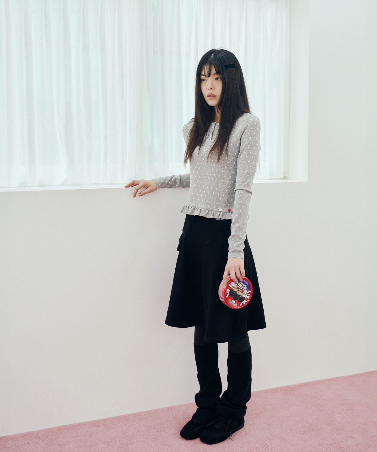미헤브(MIHEV) 폴카 도트 프릴 롱슬리브 그레이