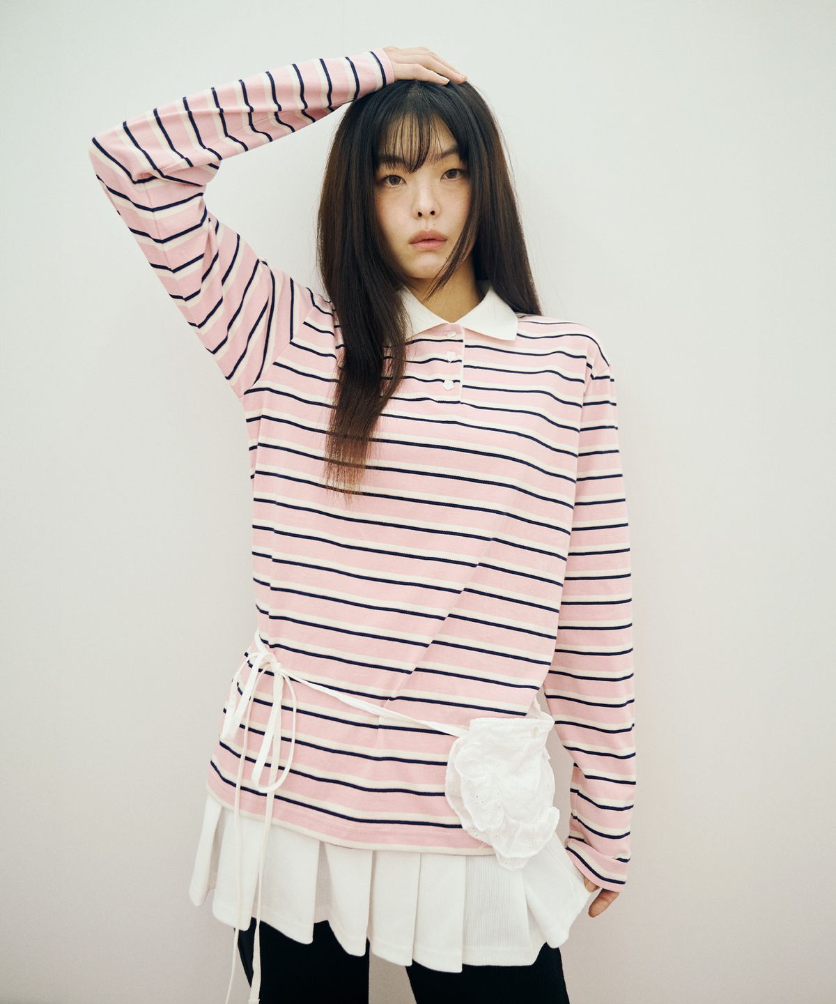 미헤브(MIHEV) 스트라이프 럭비 카라 롱슬리브 아이보리 핑크
