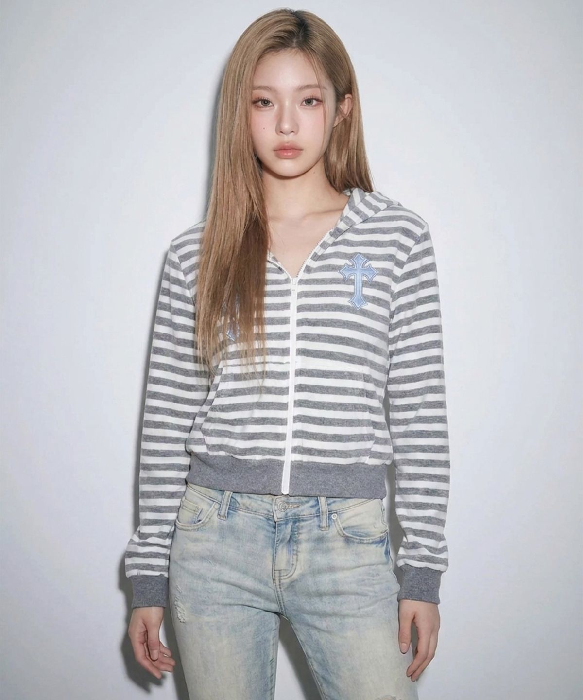 본슬리피(BORN SLIPPY) Twin Cross Kitty Hood Zip-up (Gray)
