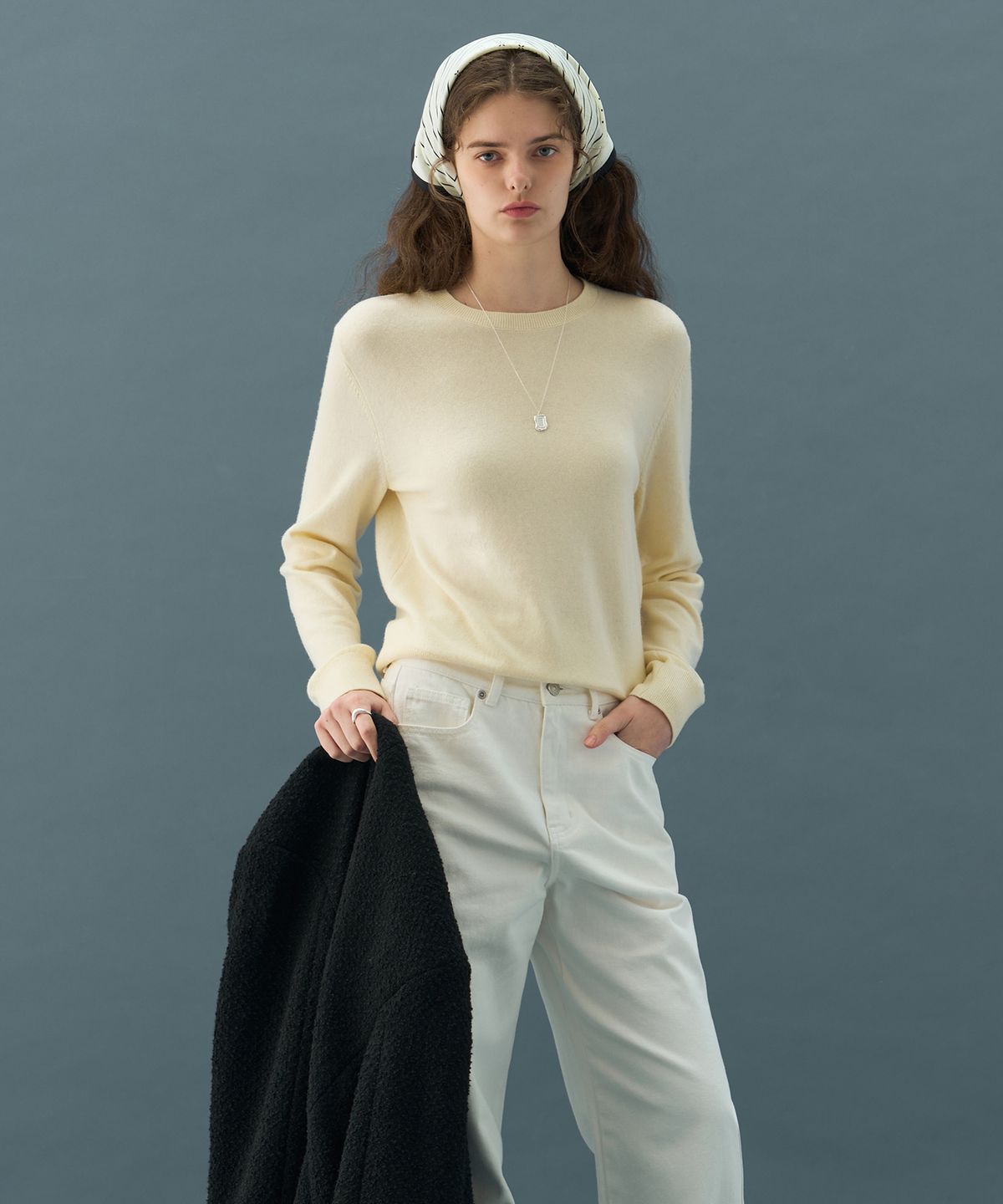드로우핏 우먼(DRAWFIT WOMEN) 소프티 캐시 울 블렌디드 라운드넥 니트 [CREAM]