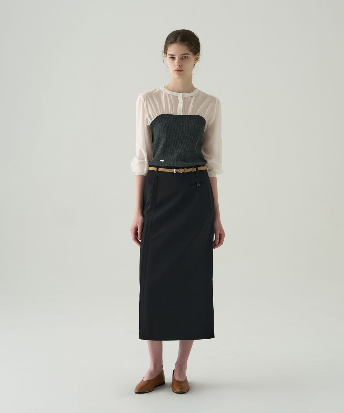 드로우핏 우먼(DRAWFIT WOMEN) 에이치 라인 스트랩 펜슬 스커트 [BLACK]
