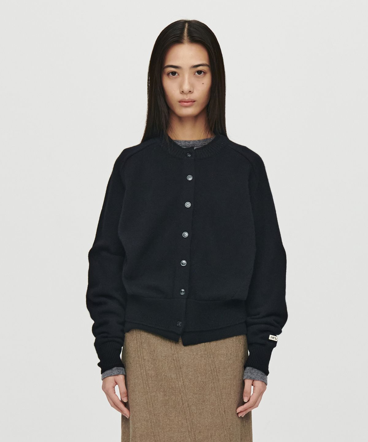 호이테(HEUTE) DOUBLE RIB CROP KNIT CARDIGAN (BLACK)