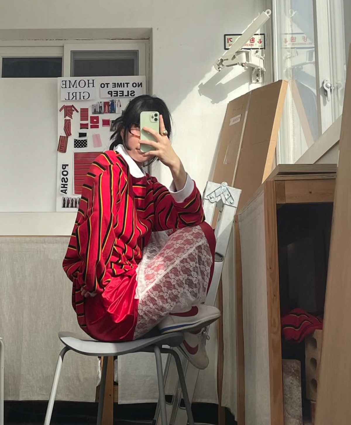 포샤(POSHA) 레이스 믹스 스커트 레드
