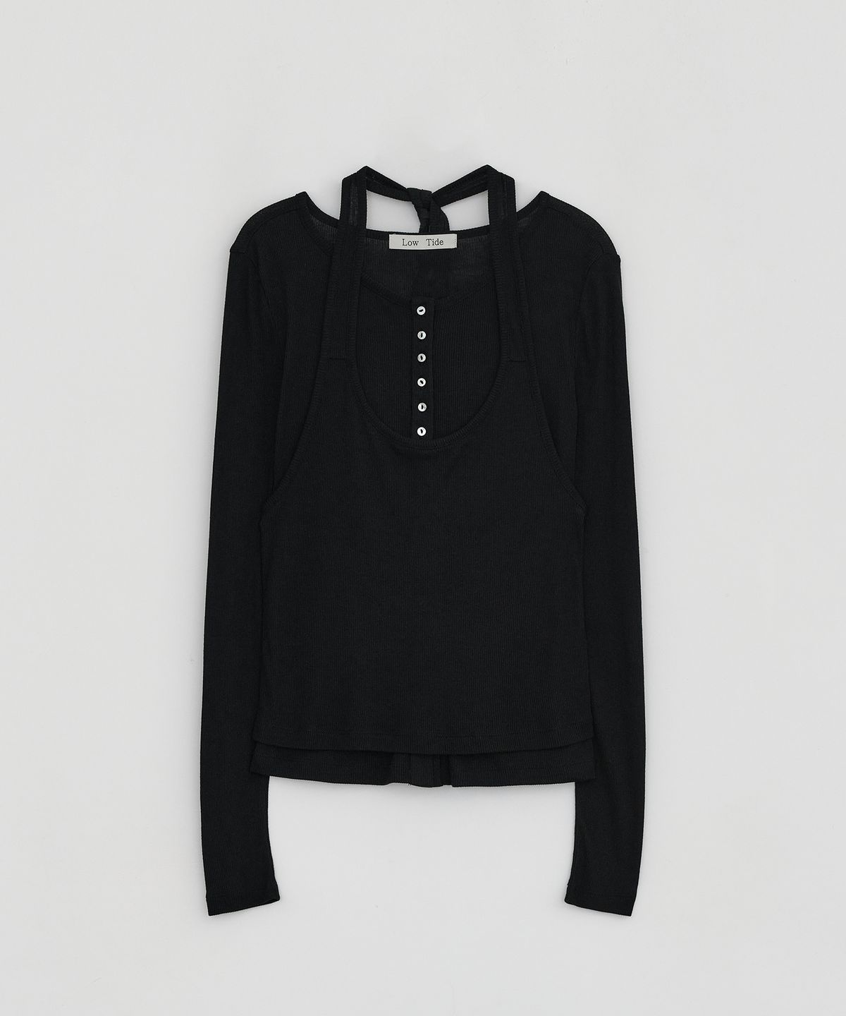 로우타이드(LOW TIDE) LAYERED BUTTON T-SHIRT [BLACK]