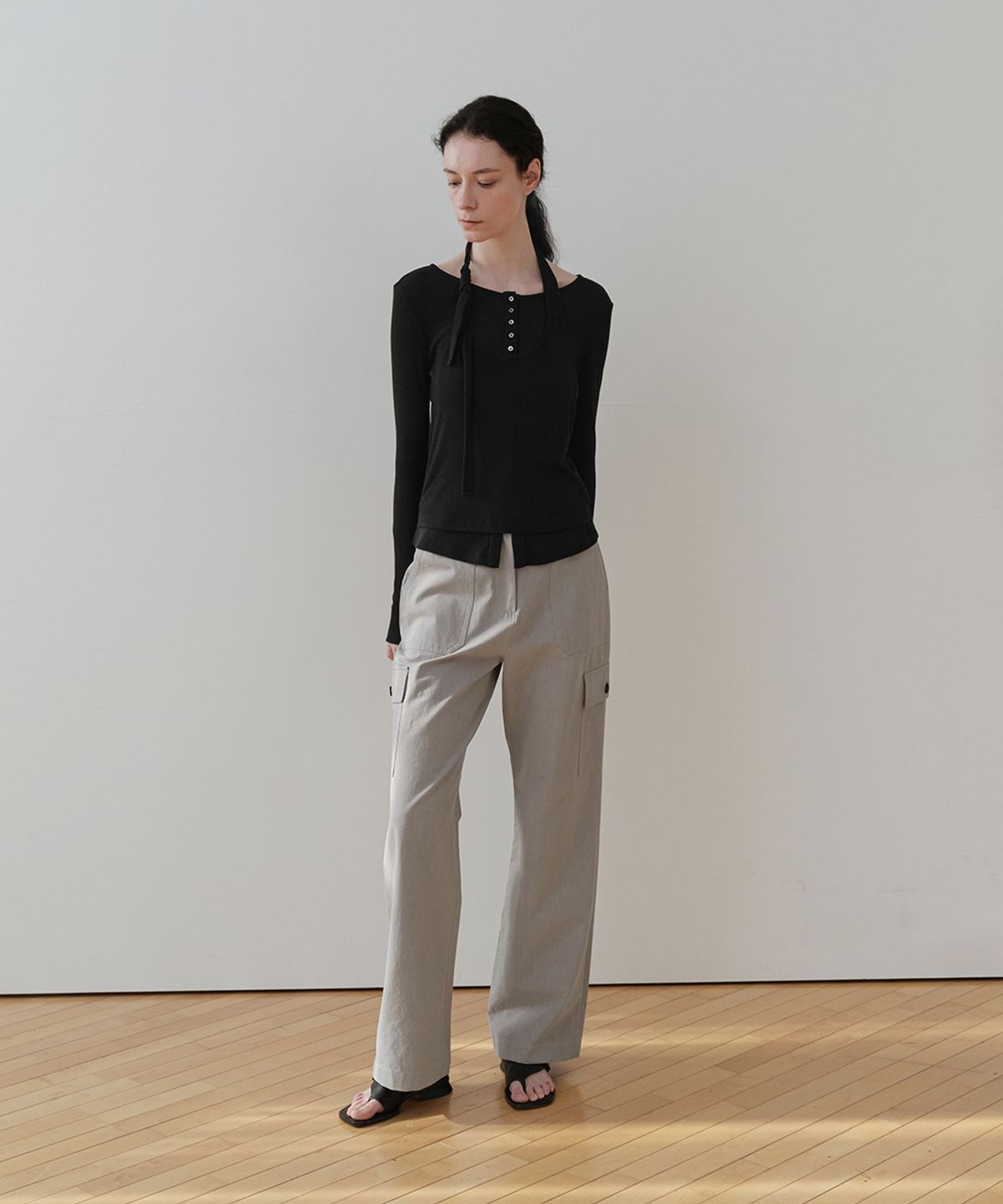 로우타이드(LOW TIDE) LAYERED BUTTON T-SHIRT [BLACK]