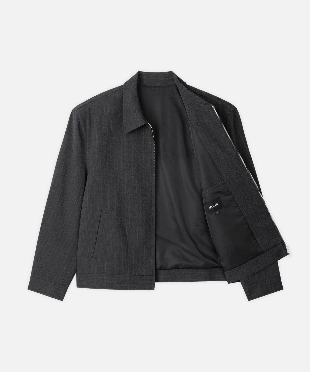 드로우핏(DRAW FIT) 핀 스트라이프 크롭 블루종 자켓 [CHARCOAL]